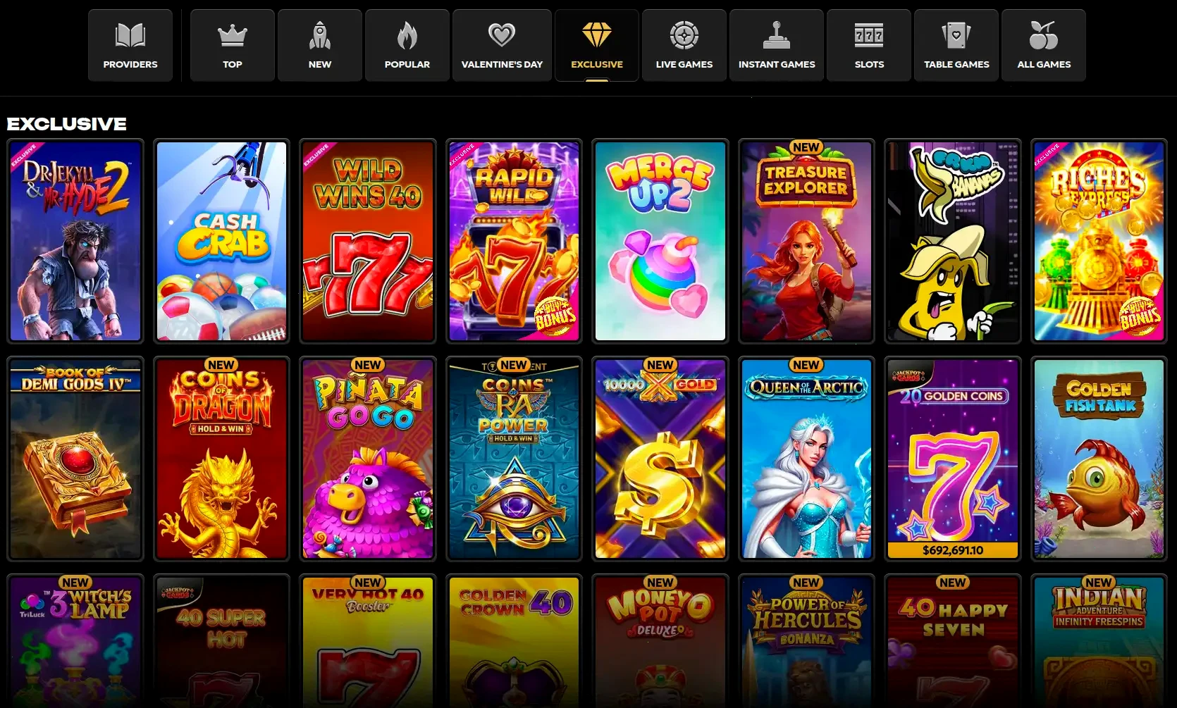 Overzicht van de spellen collectie bij Nyxbets online casino